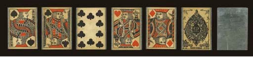 Metal Framed Deck, circa 1875, New York, Victor E. Mauger, 52 of 52 cards plus one blank. Each card in this deck is inset in a metal frame apparently for use in mechanical gambling machines, such as manufactured by Mills Novelty Co. Players would insert a penny or nickle in the machine, pull the lever, and the spinning cards would come to a stop and create a random poker hand. Double-ended courts, no indices, sepia toned cards, square corners. Dawson, 17, U19. In generally fine condition.