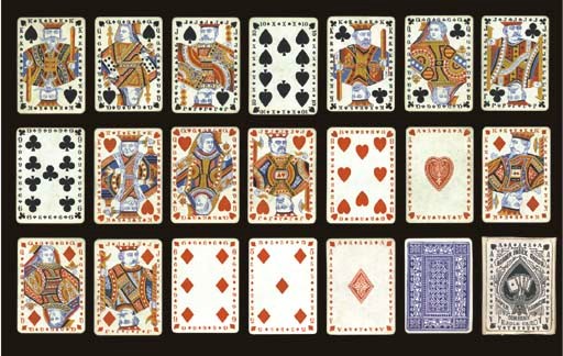 Border Index Cards, 1878, Middletown, OH, Paper Fabrique Company, 52 of 52 cards, lacks joker. Part of the Longley Brothers group of manufacturers that commenced making playing cards in Cincinnati in 1861. This is a rare example of indices running the entire edges of each card. Double-ended courts appear to be European royalty of the era, indices, round corners. Ace of spades reads, "Patent, Border Index Cards, Paper Fabrique Company, Eagle Card." Backs are panels of florals, geometric designs, and circles in blue. Includes outer box with attached extra court card plus earlier partial earlier original box that reads, "Saladees' New Border Index (patented DEC. 25, '77). However, patent number 198,217 was issued to Cyrus W. Saladee on December 18, 1877. Box with some wear. Dawson 27, L14.