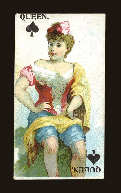 Singer's Sewing Machine Insert Cards, circa 1898, Singer Sewing Machine [Company?], 52 of 52 cards. Miniature deck depicts 13 costumed women of the 1890s repeated in each suit, a miniature playing card appears in the upper left and lower right of each pip card, and the courts have the suit mark and title, king, queen and knave. One miniature card was probably included with the sale of a spool of thread. Back reads, "The Favorite and USEFUL THING in the world is SINGER'S SEWING MACHINE." Size 2 5/8 in. (6.8 cm.) high, 1 7/16 in. (3.6 cm.) wide. Not in Dawson.