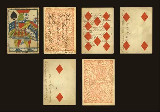Four Inscribed Civil War Cards, 1863, taken from a dead Confederate soldier at Dutton's Hill, Kentucky. Jack of spades on the face reads, "taken from the jacket of a dead rebble on the battlefield of dutton hill, March 31st, 1863." The back also reads, "Taken from the jacket of a dead rebble on the battlefield of Dutton hill," plus the date and name, " March 31, 1863, E. B. Brigham, Louisville, Ky." The ten of diamonds reads, "This ten of diamonds was picked from the battlefield where it was left by some rebel in their hasty flight. Captured and preserved by A. J. Evans then of Genl Gillmores Escort." The 4 and 2 of diamonds read, "Picked up on the battlefield of Dutton's Hill, Ky, 1863." A. J. Evans was a member of the staff of Union General Quincy Adams Gillmore who, with a force of 1,250 men, routed 1,550 Confederate cavalry under General John Pegram in a five-hour battle on March 30, 1863 at Dutton's Hill near Crab Orchard, Pulaski County, Kentucky.  The cards possibly were made by L. I. Cohen, NY, since there is no known Southern card maker of the time period. The patriotic back design on the cards contains eagles, stars, flags, and the bust of an unidentified figure. Some foxing, single pin hole on each card.