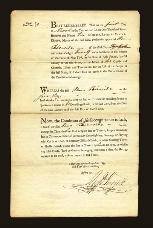 A collection of early American playing card ephemera: Prohibition Against Playing With Cards, 1792, New York, Mayor Richard Varick. An original tavern license granted on March 1, 1792 to Adam Chirnside (?) and signed by Richard Varick, mayor of New York from 1789 to 1800. Partially printed, the license reads in part, "Now, the Condition of this Recognizance is such, That if the said Adam Chirnside do not, during the time that he shall keep an Inn or Tavern, keep a disorderly Inn or Tavern, or suffer or permit and Cock-fighting, Gaming, or Playing with Cards or dice, or keep any Billiard-Table, or other gaming table, or Shuffle-Board, within the Inn or Tavern by him to be kept, or within any Out-House, Yard or Garden belonging thereunto; then this Recognizance to be void, else to remain in full Force. Taken and acknowledged the day and Year above written, Before me, (s) Richard Varick." Countersigned on the rear by Adam Chirnside, March 1, 1792. Size 12 5/8 in. (32 cm) high, 7 7/8 in. (20 cm) wide. Crease across center. -- "Origin of Cards," published in the Gazettte of the United States, Saturday, September 4, 1790, No. 42 of Vol. II., article reads, "ORIGIN OF CARDS.  CARDS were invented in the reign of Charles VI, king of France, to amuse him during the intervals of that disorder which conducted him to the grave. The world would have suffered no loss, had his majesty been suffered to die in peace without this invention."  Size of Gazette page is 16 3/8 in. (41.5 cm.) high, 10 1/4 in. (26 cm.) wide. Some foxing. 	 (2)