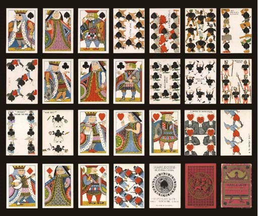 Harlequin Transformation Deck, 1879, New York, Tiffany & Co., 52 of 52 cards. This delightful deck was designed by C.E. Carryl and is considered the most skillful and artistic of the American transformation decks. The pip cards have clever witticisms with appropriate humorous illustrations, for example in the suit of spades, Election News depicts ten bespectacled gentlemen anxiously reading election results, A Witches' Frolic shows nine dancing witches enjoying their dance routine, The First Bird depicts eight bird hunters happily approaching a solitary bird sitting on a tree trunk, and The Alderman's Lunch shows seven waiters carrying a variety of food and wine to feed their diners. The court cards are modified in a humorous fashion, the king of spades wears an eye patch, his right arm is in a sling, and he walks with the aid of a stick due to a wrapped foot, the queen appears to have a tooth ache and she obviously is feeling distress despite the bottle of tonic in her hands, and the musically talented jack prefers to smoke his pipe, the king of clubs appears tipsy and is quietly sneaking home, but the queen is waiting up for him, her stern face foretelling what awaits him, the king and queen in the suit of hearts suggest a popular nursery rhyme, "The Queen of Hearts, She Made Some Tarts, All on a Summer's Day," the jack is winking while smoking a cigar and carrying a large silver dollar, the king and queen of diamonds are musically inclined, while the jack reads a menu and clutches an unsuspecting rooster. Full length courts, square corners, no indices, full gilt edges. Backs are tartan plaid with center medallion of a harlequin on horseback in red. Includes original box. Ace of spaces reads, "Harlequin Playing Cards Tiffany & Co. Paris, New York, London, Designed by C.E. Carryl." Cards in generally fine condition, original box with some losses. Dawson, 206, T4. 	 (2)