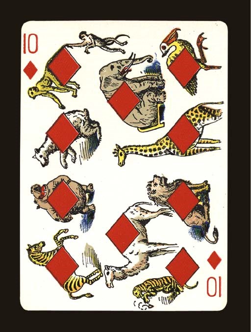 Vanity Fair Playing Cards (No. 41), 1895, Cincinnati, The United States Playing Card Co, 52 of 52 cards plus joker. This transformation deck contains pip cards with the suit marks cleverly interwoven into each scene. The courts are comical images, the king of spades smokes a pipe, the queen holds a spoon, and the jack holds a shovel, a one-eyed king of clubs and a head-bandaged jack hold clubs while the queen holds a pickled cucumber with a fork, the king and jack of hearts have red noses and are smoking, the queen holds a red rose, and in the suit of diamonds the court cards are appropriately shown with diamonds. Courts are double ended, indices, round corners, full gilt edges. The Ace of spades depicts Uncle Sam and Miss Liberty in full color and reads, "Vanity Fair No. 41, copyrighted 1895 by The United States Playing Card Company, Cincinnati, U.S.A." Joker is a winged devil with pitchfork. Back design is a center medallion with four Asian faces wearing caps, all within a snowflake pattern, and comical faces appear in the four corners, printed in green. Cards and box in generally fine condition. Dawson, 208, T11.