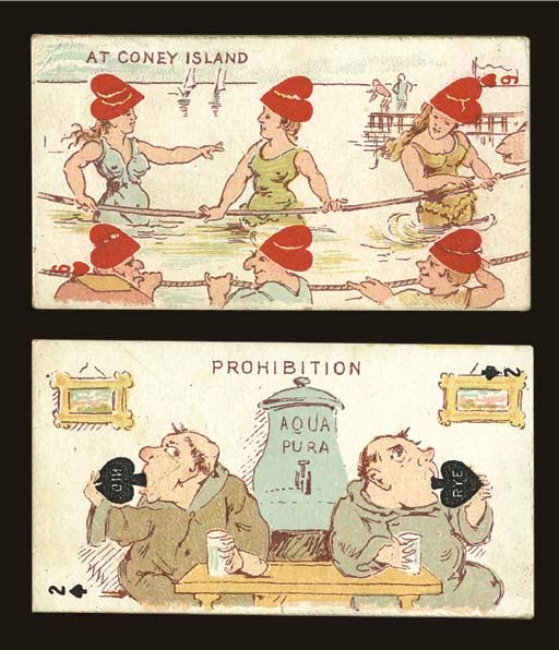 Harlequin Tobacco Insert Transformation Deck, Series 2, 1889, Kinney Tobacco Co., 52 of 52 cards plus joker. The first series of Kinney insert cards was an exact copy of the Tiffany Harlequin pack, except that many of the designs were reversed. This pack was the second in the series and contained completely new images. It is also the first American transformation pack to include the court cards in transforming the pip designs. One card was packaged inside a pack of cigarettes. To collect the complete deck, smokers had to purchase many packs of cigarettes. Any smoker who was able to collect all 53 insert cards could send away for the full size deck. The ace of spades advertises Kinney Bros., and the joker features two women hugging a Chinese gentleman. The card backs provide a complete listing of the cards available. Size 2 3/4 in. (7 cm.) high, 1 = in. (3.9 cm.) wide. Card faces in generally fine condition, card backs have fragments of paper glued by previous owner. Dawson, 207, T7.