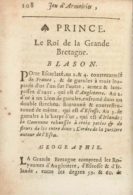 [FRENCH]. A group of French books: ORONCE FINÉ, C. de Brainville. Jeu d'armoiries des souverains et e'tats d'Europe.... Lyon, 1697. 16o. Contemporary calf. Later edition. -- VAN TENAC, Ch. and L. DANOUE. Manuel des jeux de bezique. Paris, n.d. 8o.  Original boards. -- Academie universalle des jeux. Paris, 1730.  8o. Contemporary calf. -- Académie universalle des jeux. Amsterdam, 1763. 2 volumes, 8o.  Original wrappers. -- Eteilla, ou la seule maniere de tirer les cartes.... Amsterdam, 1773. 8o. Engraved frontispiece and plates. Later calf-backed boards. -- PEIGNOT, Gabriel. Recherches historiques er littéraires dur les danses des morts et sur l'origine des cartes a jouer. Dijon and Paris, 1826. 8o. Later cloth. [With:] Slady historique o zabobonach starozytnych narodow .... Warsaw, 1794. 8o.  Contemporary calf-backed boards (worn). Together 8 volumes, condition varies. 	 (8)