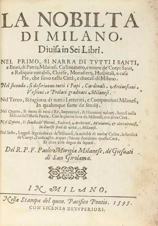 [ITALIAN].  A group of Italian books: Il giuoco practico .... Bologna, n.d. 12o.  Contemporary paper boards. -- RINGHIERI, Innocentio. Cento givochi liberali, et d'ingegno.... Bologna, 1551. 4o.  Contemporary vellum. -- [PIZZACARI, Giovanni Battista]. Baptistae Pixachari Ferrariensis ad Carolum V caesarem augustissimum pro Francisco Sphortia insubrum duce oratio. Rome, [1530 ?]. 4o. Modern paper wrappers. -- MORIGIA, Paolo. La nolita di Milano. Milan, 1595. 4o.  Later morocco-backed boards. Together 4 volumes, condition varies. 	 (4)