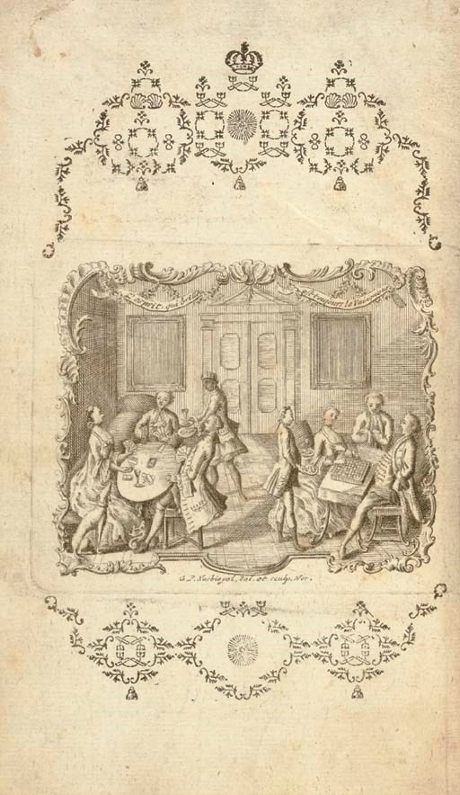 [TAROCK]. A group of works relating to Tarock and Tarot: Il tarocco. Bologna, 1872. 8o.  Original wrappers. -- M.A. Traité du jeu de tarots. Besançon, 1902. 8o. Original wrappers. -- Istruzioni necessarie per chi volesse imparare il giuoco dilettevole delli tarocchini. Bologna, 1754. 8o. Later boards. -- COURT DE GEBELIN, Antoine. Monde primitif, analysé et comparé avec le monde moderne.... Paris, 1781. Volume I only, 4o. Contemporary speckled calf. -- Die beste und neueste Art, das in den vornehmsten Gesellschaften heutiges Tages so beliebte Taroc-Spiel.... Nuremberg, 1763. 8o.  Contemporary half calf. Together 5 volumes, condition varies. [With:] A group of 41 woodcuts of cards, mounted on paper board, possible Russian. 	 (6)