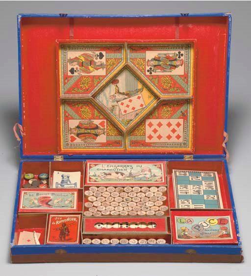 Paper-covered wooden game compendium, France, 20th century.
