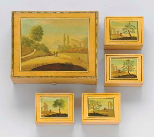 Painted wood game box, France, circa 1820.