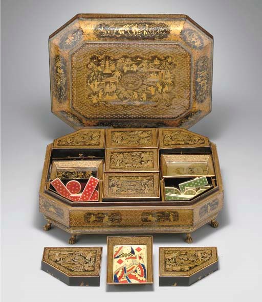 Octagonal-shaped lacquer playing card box, China, circa 1830s.