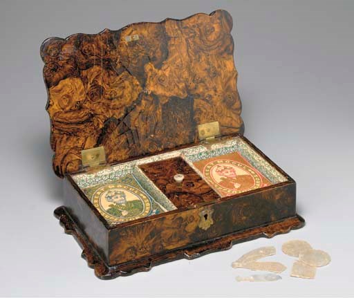 Burl wood and papier mache game box, England, circa 1880.