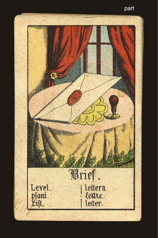 A collection of German fortune-telling card games, including: Die Echten Wahrsage-Karten der Madame Lenormand in Paris. Leipzig, circa 1890-1900.  36 cards and instructions. -- De Waarzegster Madelle Lenormand en Napoleon. 19th century. 36 cards. -- Erklärung des Kartenspiels der berühmten Wahrsagerin Mlle Lenormand in Paris. 36 cards, instructions, no box. -- Lenormand aus Paris. Early 20th century. 36 cards, partial box. -- Wahrsage Karten Lenormand. 19th century. 36 cards, partial box. -- Seven language fortune-telling deck. 19th century. 30 cards, no box. -- Cartomancy deck. 19th century. 36 cards, no box. -- Hand-colored fortune-telling deck. Circa 1850. 32 cards, no box. Together 8 games, some in original boxes, condition varies.  Sold not subject to return. 	 (8)