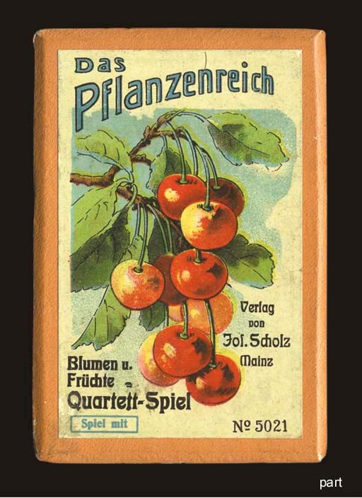 A collection of German games, including: Märchen Quartettspiel. N.d. 24 cards. -- Auto-Quartett. Stuttgart, circa 1940s. 36 cards. -- Das Tierreich Quartett-Spiel. Mainz, n.d. 39 cards and instructions. -- Componisten Quartett. Circa late 19th or early 20th century. 60 cards. -- Voklslieder Quartett. 20th century. 32 cards and instructions. -- [Quartett-type game]. Baden, 20th century. 60 cards. -- Quartett Bünte Vogelwelt. 20th century. 42 cards and instructions. -- Das Pflanzenreich. Mainz, 20th century. 48 cards and instructions. -- War Ship Game. 20th century. 12 cards and instructions. -- Game of Sailors. 20th century. 11 cards. Together 10 games, most in original boxes or enclosures, condition varies. Sold not subject to return. 	 (10)