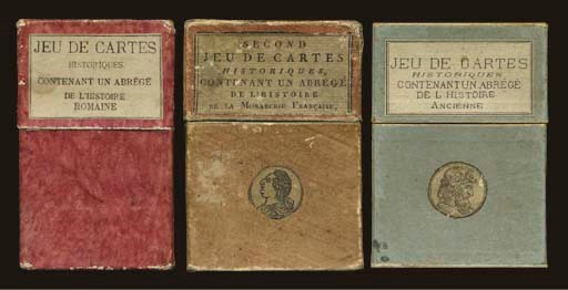 A collection of early French card games: French Monarchy Educational Cards, circa 1805, Paris, Victor Joseph Etiene Jouy, 48 of 48 cards, letterpress printed by Pierre Didot, woodcuts by Pierre Francois Godard. Cards are numbered I to LXVIII (sic, instead of XLVIII) and depict woodcut portraits taken from old coins or medals at the top of each card plus brief biographies of French kings from Pharamond (ruled 422-428) to the last king of France, Louis XVI who was beheaded in 1793, no indices, square corners. Backs are plain but each back contains hand written names of reigning and contemporary rules in other countries and on three cards the hand written names continue on the card faces. Includes two-piece, top-lid box reads, "SECOND JEU DE CARTES HISTORIQUES, CONTENANT UN ABREGE DE L'HISTOIRE de la Monarchie Francaise," plus portrait of Louis XVI. Size 4 in. (10.3 cm.) high, 2 11/16 in. (6.9 cm.) wide. -- Roman History Educational Cards, circa 1805, Paris, Victor Joseph Etiene Jouy, 48 of 48 cards, letterpress printed by Pierre Didot, woodcuts by Pierre Francois Godard. Cards are numbered I to XLVIII and depict woodcut portraits taken from old coins and medals plus brief biographies of notables in the history of Rome from Romulus who died in 717 B.C. to Octave-Auguste in 14 B.C., no indices, square corners. Back are plain. Includes two-piece, top-lid reads, JEU DE CARTES HISTORIQUES CONTENANT UN ARBREGE DE L'HISTOIRE ROMAINE. Size 3 7/8 in.  9.8 cm.) high, 2 3/8 in. (6 cm.). wide. -- Ancient Greek History Educational Cards, circa 1805, Paris, Victor Joseph Etiene Jouy, 48 of 48 cards plus an Advertising/Rules sheet, letterpress printed. Cards are numbered I to XLVIII with engraved portraits at the top of each card plus brief biographies of notable figures from antiquity beginning with Zoroaster (circa 628 to circa 521 B.C.), religious teacher and prophet of ancient Persia, to Philopoemen (circa 252 to 183 B.C.), Greek statesman and general, no indices, square corners. This deck is the third in the series of educational cards Backs are plain. Includes two-piece, top-lid box reads, "JEU DE CARTES HISTORIQUES CONTENANTUN ABREGE DE L'HISTOIRE Ancienne, plus portrait of Zoroaster. Size  4 in. (10.2 cm.) high, 2 11/16 in. (6.7 cm.) wide. Together 3 games, condition varies. Sold not subject to return. 	 (3)