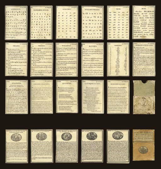 A collection of early French card games: New Testament Educational Cards, circa 1817, Paris, Victor Joseph Etiene Jouy, 48 of 48 cards, letterpress printed. Cards are numbered I to XLVIII with engravings at the top of each card followed by brief descriptions of scenes from the New Testament beginning with angel Gabriel's announcement to the Virgin Mary of the Incarnation and concluding with the exile of St. Jean and his Apocalypse, no indices, square corners. Backs are plain. Includes two-piece, top-lid box reads, "JEU DE CARTES HISTORIQUES CONTENANT UN ARBREGE DE L'HISTOIRE DU NOUVEAU TESTAMENT Pour Faire Suite a l'Histoire Sainte" plus engraving that depicts the flight from Egypt of the Son of God. Size 4 in. (10.3 cm.) high, 2 11/16 in. (6.9 cm.). -- Alphabet and Language Educational Cards, circa 1809, Paris, A. A. Renouard, 43 of 48 cards, (lacks XXXIV and XXXX to XXXXIII), letterpress. Cards contain lessons on learning the alphabet, upper and lower case letters, syllables, words, phrases, morals, maxims, numbers, brief comments about the calendar, the earth and the heavens, fabrics and clothing, precious minerals, and the seven wonders of the world, anecdotes, celebrated children, quatrains by Aine the elder, Voltaire and Pibrac, sacred hymns by Racine, and speeches in verse by Voltaire, cards are numbered with Roman numeral and lessons in Arabic numerals, no indices, square corners. Backs are plain. Includes bottom only of two piece box that reads, "Chez A. A. Renouard, rue S. Andre no. 55 Et Nicolle, rue de Seine, no.12." Back of box has indistinguishable hand-written name of previous owner and date of 1891. Size 4 1/8 in. (10.2 cm.) high, 2 5/8 in. (6.7 cm.) wide. Together 2 games, condition varies. Sold not subject to return. 	 (2)