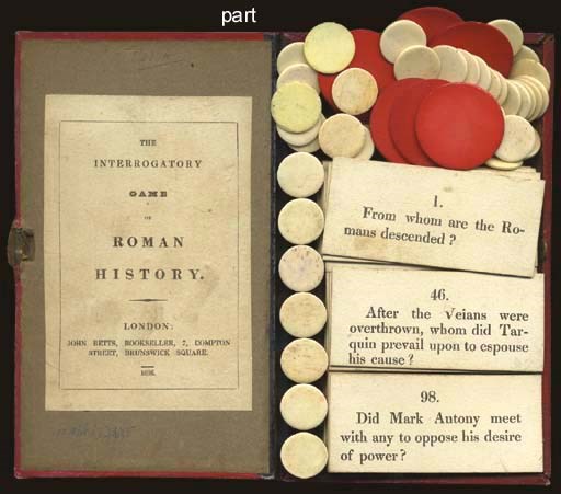 Two early English card games: The Interrogatory Game of Roman History, 1836, John Betts, Brunswick Square, London, 144 cards, 40 white and 10 counters, 38-page answer book with instructions, red leather book box. -- The Game of English Blood Royal, William Chauncy Langdon, New Orleans, circa 1820/1830s, 36 of 36 cards represent Sovereign power, 43 of 48 cards represent the Nobility, instructions, cloth box. Together two games, condition varies.