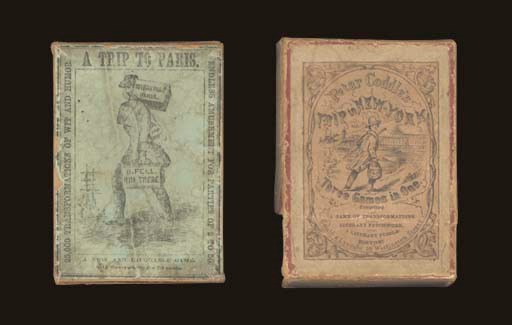 A collection of 2 early trip games: Trip to Paris, 1857, A. Williams & Co., Boston, MA, 137 cards, printed by Mudge & Spooner, Boston, MA. This game may predate the "Peter Coddles" game by a year. The cover of the 24- page story book reads, "A Trip to Paris; A Laughable Game being a Faithful Account of What B. Fel (sic) One Jothan Podd." A reader is selected and proceeds to read the story, pausing at each blank, whereupon another player reads the answer selected from a card, often with humorous results. Box reads, "A Trip to Paris. A New and Laughable Game. 25,000 Transformations of Wit and Humor. Endless Amusement for Parties of 2 to 50." Original box repaired with thread.  -- Peter Coddle's Trip to New York, 1858, Gould & Lincoln, Boston, MA, 213 cards. The cover of the 30-page story book reads, "Peter Coddle's Trip to new York, Three Games in One, First: Comprising a Game of Transformations; Second: Literary Patchwork. Third: A Literary Puzzle." Gould & Lincoln, 59 Washington Street, Boston. Box reads same as cover of story book. Original box repaired with thread. Together 2 games, condition varies. 	 (2)