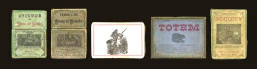 A COLLECTION OF WEST & LEE GAMES: AVILUDE, OR GAME OF BIRDS. 1873. 64 CARDS, ADVERTISING CARD, AND INSTRUCTIONS. -- FERRILUDE, OR GAME OF BEASTS. 1873. 64 CARDS AND INSTRUCTIONS. -- SNAP. CIRCA 1873. 60 CARDS, ADVERTISING CARDS, AND PARTIAL INSTRUCTIONS. -- TOTEM. 1873. 36 CARDS AND INSTRUCTIONS. SOCIETY. 1874. 55 CARDS AND INSTRUCTIONS. TOGETHER 5 GAMES, ALL IN ORIGINAL BOXES WITH THE EXEPTION OF SNAP, CONDITION VARIES. SOLD NOT SUBJECT TO RETURN. 	 (5)