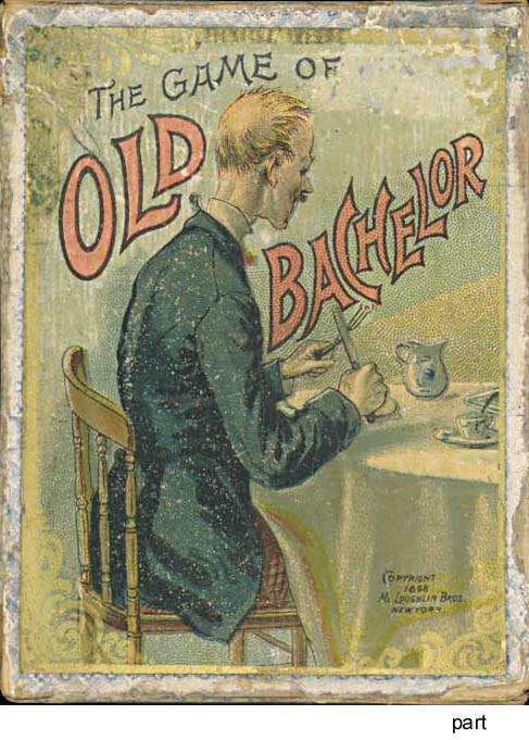 A COLLECTION OF EARLY MCLOUGHLIN BROTHERS GAMES: THE IMPROVED GAME OF WHAT D'YE BUY, 1890, 8 TRADE CARDS AND 72 ARTICLE CARDS, PHOTOCOPIED INSTRUCTIONS. -- THE GAME OF WHAT D'YE BUY (NO. 4180), BANNER SERIES, 1875/1890S(?) 12 TRADE CARDS, 61 ARTICLE CARDS, INSTRUCTIONS.  -- THE PREMIUM GAME, LOGOMACHY OR WAR OF WORDS, 1889, 72 CARDS, INSTRUCTIONS. -- GAME OF NATIONS, 1890S, 35 CARDS, INSTRUCTIONS.  -- GAME OF WORD MAKING AND TAKING, 46 CARDS.  -- GAME OF GIFTS USES AND CONSEQUENCES, CIRCA 1870, 48 CARDS, INSTRUCTIONS. -- THE MERRY GAME OF OLD MAID, 1880, 35 CARDS, ONE OF THE EARLIEST OLD MAID GAMES BY MCLOUGLIN BROS.  -- THE IMPROVED GAME OF WHAT DO YOU BUY?, 1890S, 12 TRADE CARDS, 64 ARTICLE CARDS, INSTRUCTIONS. -- THE GAME OF WHAT DO YOU BUY?, CIRCA 1875, 48 ARTICLE CARDS. -- COMICAL CHIT CHAT GAME, CIRCA 1880S, 36 CARDS WITH RELATIONSHIP QUESTIONS ON ONE CARD AND AMUSING RESPONSES ON THE NEXT CARD.  -- THE GAME OF OLD BACHELOR 1898, 41 CARDS INCLUDING NAMES AS MISS AWFUL HOWLER, MISS VAIN HOPES, MR. SNEAKEY, MISS AMY FAKIR, MISS S. SPENDER, AND SWEETIE SUGAR, THE OLD BACHELOR WEARS A TOP HAT AND SMOKES A CIGAR, INSTRUCTIONS.  -- ORIENTAL COLOR GAME 1875, 52 CARDS, SPINNING WHEEL, INSTRUCTIONS. -- THE NEW PREMIUM GAME LOGOMACHY OR WAR OF WORDS, 1889, 66 CARDS, INSTRUCTIONS. -- LOGOMACHY OR WAR OF WORDS, CIRCA 1920, 72 CARDS, DELICATELY RENDERED IMAGES, INSTRUCTIONS. TOGETHER 15 GAMES, CONDITION VARIES. SOLD NOT SUBJECT TO RETURN. 	 (14)
