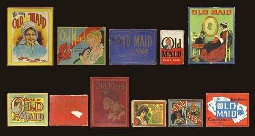 A COLLECTION OF OLD MAID GAMES: THE JOLLY OLD MAID, EARLY 1900S, PARKER BROS, 29 CARDS, INSTRUCTIONS. -- NO. 3029, 1937, WHITMAN PUBLISHING, 43 CARDS, INSTRUCTIONS. -- EARLY 1900S, PARKER BROS, 29 CARDS. --  43 CARDS, WHITMAN PUBLISHING, INSTRUCTIONS. -- NO. 4172, 39 CARDS, MILTON BRADLEY, INSTRUCTIONS. -- NO. 4172, MILTON BRADLEY, 19 CARDS, INSTRUCTIONS.  -- 43 CARDS, WHITMAN PUBLISHING. -- NO. 4488, EARLY 1900S, MILTON BRADLEY, 39 CARDS, INSTRUCTIONS. -- CIRCA 1900, 31 CARDS, MILTON BRADLEY, INSTRUCTIONS. -- 36 CARDS.  -- 43 CARDS, PARKER BROS, CHARACTERS ON COVER NOT THE ONES SHOWN ON CARDS, INSTRUCTIONS. TOGETHER 11 GAMES, CONDITION VARIES. SOLD NOT SUBJECT TO RETURN. 	 (11)