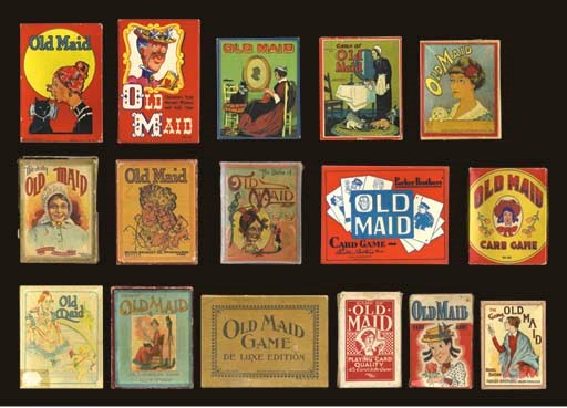 A COLLECTION OF VARIOUS VERSIONS OF OLD MAID:  NO. 4116, 1936, MILTON BRADLEY, SPRINGFIELD, MA, 39 CARDS, INSTRUCTIONS, "HIAWATHA" BACK DESIGN.  -- 1950S (?), E.E. FAIRCHILD, ROCHESTER, NY, 35 CARDS, INSTRUCTIONS. -- NO. 4114, 1930S, MILTON BRADLEY, 31CARDS, INSTRUCTIONS. -- NO. 4116, MILTON BRADLEY, 40 CARDS, SNOWMAN. -- NO. 4263, EARLY 1900S, MILTON BRADLEY, 19 CARDS, INSTRUCTIONS, FUNNIES CHARACTERS. -- EARLY 1900S, PARKER BROS, SALEM, MA, EMPTY BOX, INSTRUCTIONS. -- NO. 4488, CIRCA 1900S, MILTON BRADLEY, 38 CARDS, INSTRUCTIONS. -- NO. 384½, EARLY 1900S, MCLOUGHLIN BROS, NEW YORK, 48 CARDS, INCLUDED OLD BACHELOR CARD. (9) CIRCA 1950S (?), PARKER BROS, INSTRUCTIONS.  -- NO. 190, 1950, KAYSONS NOVELTY COMPANY, BROOKLYN, 18 CARDS. -- NO. 4263, EARLY 1900S, MILTON BRADLEY, 19 CARDS, UNUSUAL BOX COVER, INSTRUCTIONS. -- NO. 376, 1890S (?), MCLOUGHLIN BROS, 37 CARDS, INSTRUCTIONS. -- NO. 4681, EARLY 1900S, MILTON BRADLEY, 39 CARDS, INSTRUCTIONS. -- WHITMAN PUBLISHING, RACINE, WI, 43 CARDS, INSTRUCTIONS.  -- 1920S (?), WHITMAN PUBLISHING. 43 CARDS, INSTRUCTIONS. -- NICKEL EDITION, PARKER BROS, 17 CARDS, INSTRUCTIONS. TOGETHER 16 GAMES, CONDITION VARIES. SOLD NOT SUBJECT TO RETURN. 	 (16)