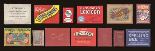A COLLECTION OF BRITISH AND AMERICAN WORD GAMES: LETTER=BAGS, A WORD-MAKING GAME, MISS M. I. DRURY, DUBLIN, INVENTED BY ALEXANDER MILLER, 265 CARDBOARD LETTER SQUARES COMPRISING 90 PINK, 90 YELLOW AND 85 WHITE, FOUR INNER BOXES, INSTRUCTIONS. -- LETTER-GRAMS (NO. 4141), 1938, MILTON BRADLEY, 60 CARDS, INSTRUCTIONS. -- MY WORD #@!!*, 1980, WADDINGTONS PLAYING CARD COMPANY, LEEDS, 48 CARDS, INSTRUCTIONS. -- CROSSWORD LEXICON, 1937, PARKER BROTHERS, INC., SALEM, MA, 53 CARDS, INSTRUCTIONS. -- WORD MAKING AND WORD TAKING, EARLY 1900S, JOHNSON BROTHERS (HARBORNE) LIMITED, HARBORNE, ENGLAND, 288 DOUBLE-SIDED LETTER SQUARES, INSTRUCTIONS. -- BILD-A-WORD GAME, 1929, EDUCATIONAL CARD & GAME CORPORATION, NY, 36 CARDS, INSTRUCTIONS, PLUS 188-PAGE BILD-A-WORD DICTIONARY. -- SPELLING AND ANAGRAMS, A-B-C-ETC. (NO. A 1930), SPRINGFIELD PHOTO MOUNT CO., SPRINGFIELD, MA, 210 CARDBOARD LETTER SQUARES. -- LOGOMACHY OR WAR OF WORDS, 1874, F. A. WRIGHT, CINCINNATI, OH, 56 CARDS, INSTRUCTIONS. -- SPELLING BEE, WADDY [WADDINGTON] PRODUCTIONS, LONDON, 56 AND 56 CARDS, INSTRUCTIONS. -- LEXICON, THE WORD GAME (NO. 327), 1968, WADDINGTONS, LEEDS, 52 CARDS, INSTRUCTIONS. -- KAN-U-GO, 1934, T. G. PORTER LTD., LEEDS, 60 CARDS, INSTRUCTIONS. -- LEXICON CARD GAME, 1934, WADDINGTONS, LEEDS, 52 PLUS 2 CARDS, INSTRUCTIONS, BOOKCASE BOX.  -- OLD FASHIONED SPELLING BEE, 1921, PARKER BROTHERS, INC. SALEM, MA, 54 CARDS, INSTRUCTIONS. TOGETHER 17 GAMES, CONDITION VARIES. SOLD NOT SUBJECT TO RETURN. 	 (13)
