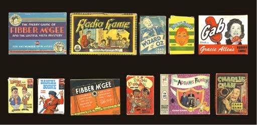 A COLLECTION OF RADIO, TELEVISION, AND FILM GAMES: THE MERRY GAME OF FIBBER MCGEE. SPRINGFIELD, MA: MILTON BRADLEY, 1940. 275 CARDS, TOKENS, AND INSTRUCTIONS. -- RADIO GAME. SALEM, MA: PARKER BROTHERS, 1923. 56 CARDS AND INSTRUCTIONS. -- WIZARD OF OZ CARD GAME. ENGLAND, CIRCA 1940-1950. 43 CARDS AND INSTRUCTIONS. -- HOWDY-DOODY. LEICESTER, MA: RUSSELL MANUFACTURING CO., 1950S.  39 CARDS AND INSTRUCTIONS. -- GAB. GRACIE ALLEN'S RUMMY GAME. SAN ANTONIO, TX: TEXALL CORP., CIRCA 1950.  54 CARDS. -- LAUREL AND HARDY CARD GAME. LARRY HARMON PICTURES CORP., 1972. 35 CARDS. -- DANIEL BOONE CARD GAME. ED-U-CARDS, 1965. 36 CARDS. -- THE AMAZING ADVENTURES OF FIBBER MCGEE, SPRINGFIELD, MA: MILTON BRADLEY, 1936. 275 CARDS, 92 TOKENS, AND INSTRUCTIONS. -- ROOTIE KAZOOTIE WORD GAME. ED-U-CARDS, 1950S. 36 CARDS AND INSTRUCTIONS. -- THE ADDAMS FAMILY CARD GAME. SPRINGFIELD, MA: MILTON BRADLEY, 1965. 39 CARDS AND INSTRUCTIONS. -- CHARLIE CHAN CARD GAME. WHITMAN PUBLISHING, 1939. 35 CARDS AND INSTRUCTIONS.  TOGETHER 11 GAMES, MOST IN ORIGINAL BOXES, CONDITION VARIES.  SOLD NOT SUBJECT TO RETURN. 	 (11)