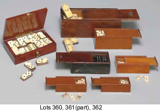 TWO SETS OF MINIATURE DOMINOES IN WOODEN BOXES, CIRCA 19TH CENTURY.