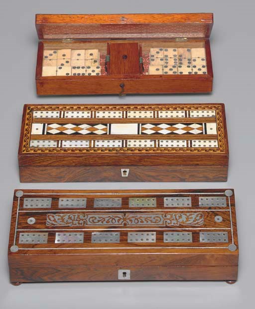 THREE WOODEN CRIBBAGE BOARD BOXES, CIRCA 19TH CENTURY.