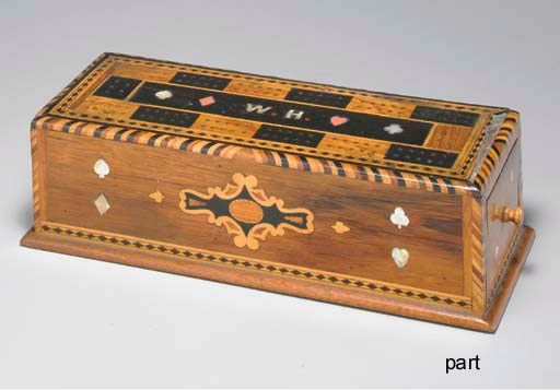 THREE WOODEN CRIBBAGE BOARD BOXES, CIRCA 19TH CENTURY.
