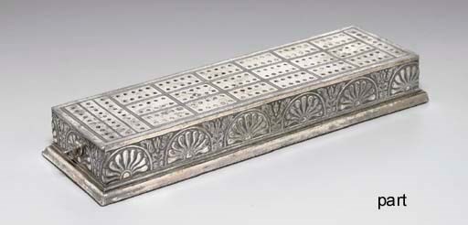 A GROUP OF FIVE SILVER METAL CRIBBAGE BOARDS, CIRCA 19TH CENTURY.