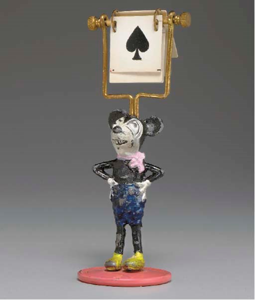PAINTED POT METAL MICKEY MOUSE TRUMP INDICATOR, POSSIBLY MADE IN GERMANY, CIRCA 1930'S.
