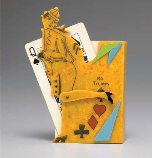 CELLULOID STYLIZED LADY TRUMP INDICATOR AND PLAYING CARD HOLDER.