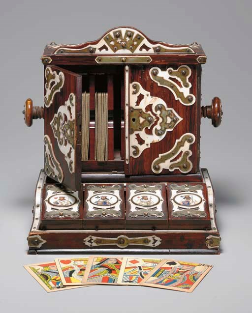 VICTORIAN WOOD CARD PRESS AND STORAGE CHEST, CIRCA 1880S.