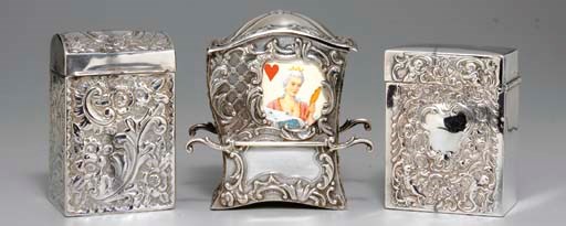THREE 19TH CENTURY SILVER PATIENCE DOUBLE DECK PLAYING CARD BOXES.