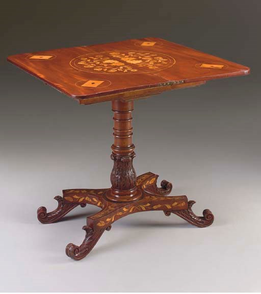 [CARD TABLE]. ]. A DUTCH MAHOGANY AND MARQUETRY TEA TABLE, EARLY 19TH CENTURY, ADAPTED AND WITH LATER MARQUETRY.