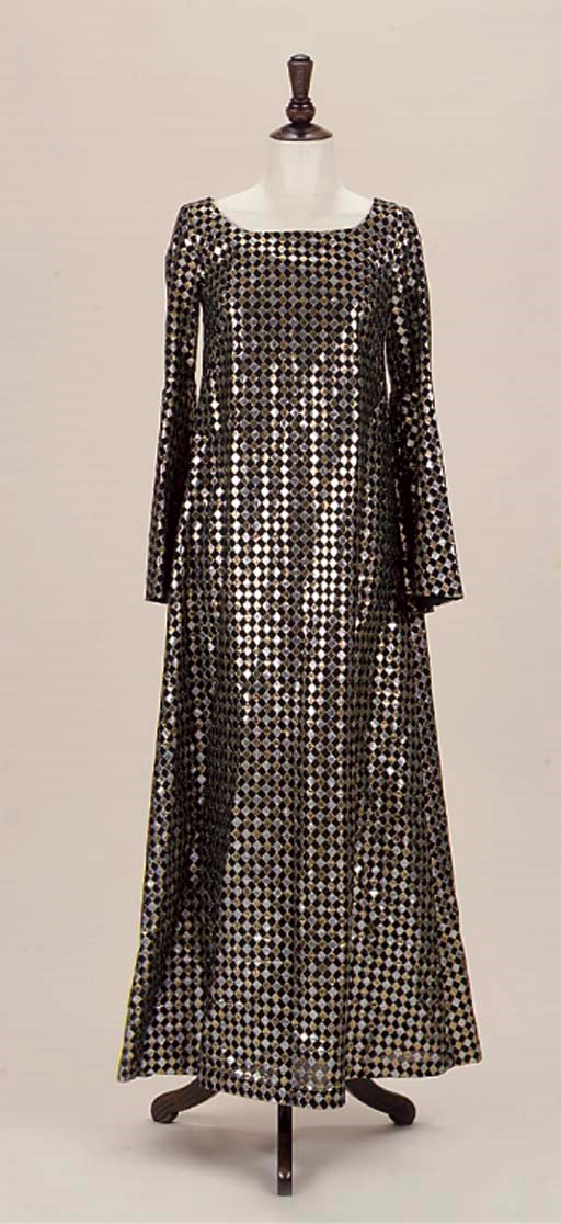 A MAXI DRESS IN BLACK, GOLD AND SILVER METALLIC CHECK, BIBA