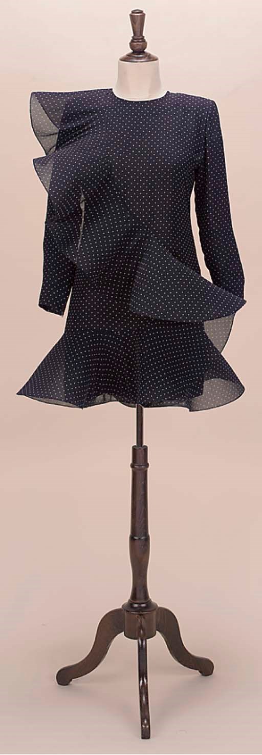 A MIDNIGHT-BLUE POLKA DOTTED CHIFFON COCKTAIL DRESS