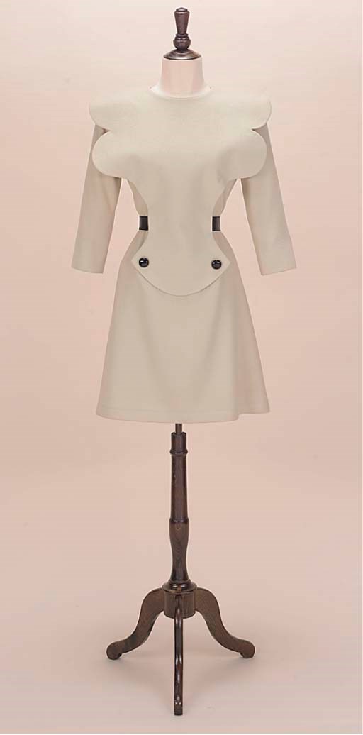A TAUPE WOOL DAY DRESS WITH BUTTERFLY PLASTRON