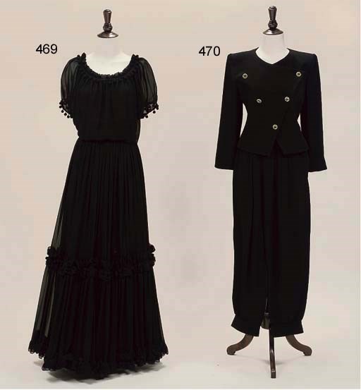 A BLACK CHIFFON EVENING GOWN, YSL