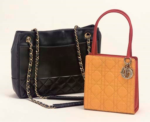 A GREEN QUILTED LEATHER BAG BY CHANEL AND A SILK BAG BY DIOR PARIS