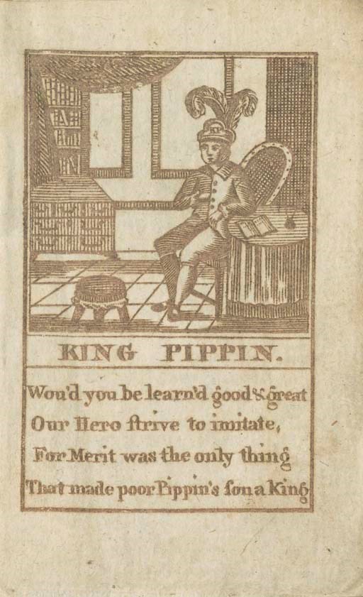 LUMSDEN, James and Son, publisher.  The History of Little King Pippin. With an Account of the Melancholy Death of Four Naughty Boys, who were devoured by Wild Beasts. And the Wonderful Delivery of Mr. Harry Harmless, by a Little White Horse.  Glasgow: J. Lumsden and Son, n.d. 32o (97 x 61 mm).  A16 [1.16 mounted as pastedowns]. 8 engraved plates printed in brown (all but frontispiece containing two scenes on each plate). Original color floral wrappers; quarter roan folding case. -- Mother Bunch's Fairy Tales.  Glasgow: J. Lumsden and Son, n.d. [circa 1814]. 24o (101 x 101 mm).  Woodcut frontispiece and 6 engraved plates (engraved plates printed in green). Original plain plum wrappers; quarter roan folding case.  Osborne I:37. 	 (2)