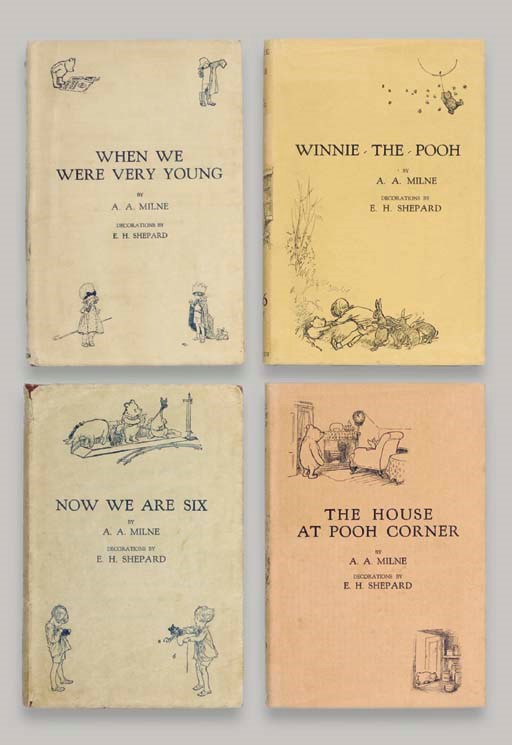 MILNE, Alan Alexander (1882-1956). When We Were Very Young. London: Methuen & Co., 1924. -- Winnie-the-Pooh. London: Methuen & Co., 1926. -- Now We are Six. London: Methuen & Co., 1927. -- The House at Pooh Corner. London: Methuen & Co., 1928.