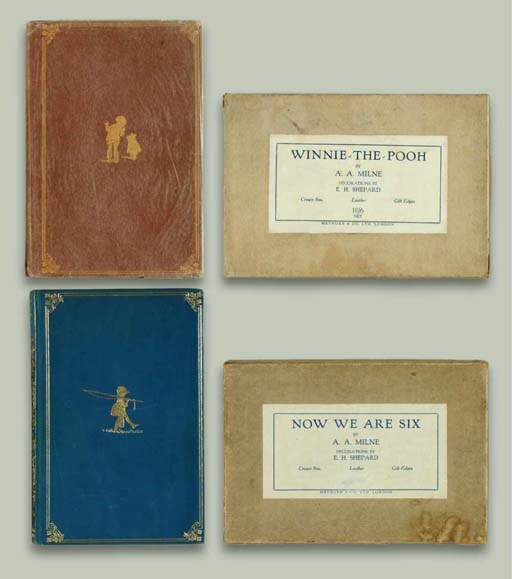 MILNE, A.A. A fine set of the Pooh books in the rare deluxe morocco bindings, all London: Methuen, EACH WITH ORIGINAL PUBLISHER'S BOARD BOX, FIRST EDITIONS except as noted, comprising: