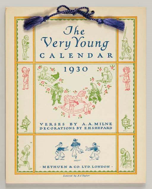 MILNE, A.A. The Pooh Calendar. London: Methuen, 1930. 260 x 190 mm. 12 heavy card sheets tied at top with yellow cord; with original printed envelope (chipped). Printed on rectos only with color embellishments by E.H. Shepard, accompanying the text for each month. -- The Very Young Calendar. London: Methuen, 1930. 255 x 206 mm. 12 heavy card sheets tied at top with blue cord; with original printed envelope (chipped). VERY RARE. 	 (2)
