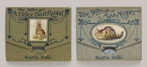 POTTER, Beatrix. The Story of a Fierce Bad Rabbit. London: Frederick Warne & Co., 1906. 14 color illustrations separated by fourteen pages of text (printed in green). Oblong 12mo, contents mounted and folded accordian style on pale green linen back into original decorated green cloth wallet-style case, upper cover with mounted color pictorial label (lacking lip for wallet edge tongue on front cover); contents fold-out in panoramic form from page [1] which is mounted onto the front inner flap; housed together with below work in cloth folding case. FIRST EDITION, FIRST ISSUE, with "London & New York" on back cover, printed November, 1906. Quinby 12; Linder, p. 426; V & A 1556.