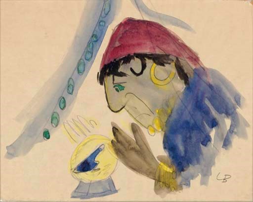 BEMELMANS, Ludwig
"Fortune Teller"
initial signed "LB" (lower right), "LB" inkstamp, numbered "1331" in pencil, titled, and with notations on verso of board backing
watercolor and pencil on paper (some browning), framed 
7½ x 9¾ in. (192 x 243 mm), sheet size 

"The Gyspy Mama didn't like at all what she saw in her magic crystal ball." A preliminary watercolor of the Gyspy Mama Madeline and Pepito encounter in Madeline and the Gypsies (1959). A more detailed version is on p. 31 of the book.