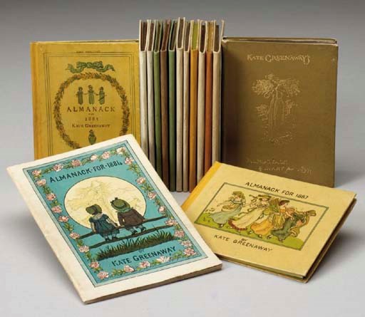 GREENAWAY, Kate, illustrator.  Almanack for 1883 [-1895]. London: George Routledge, [1882-1894]. -- Almanack & Diary for 1897. London: J.M. Dent, [1896].