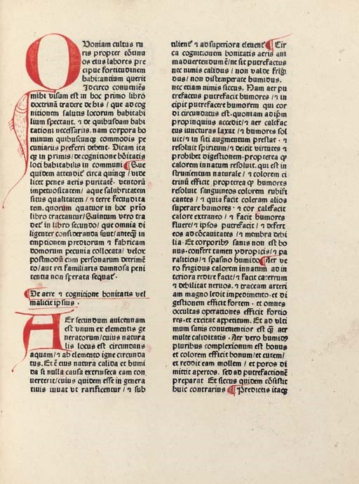 CRESCENTIIS, Petrus de (c.1233-c.1320). Opus ruralium commodorum. Louvain: Johannes de Westfalia, [between 1477 and 1483]. Chancery 2° (266 x 198mm). Collation: a-n8 o6 aa-kk8 ll6 (a1 blank, a2r prologue, table of contents, a6r text, ll6r colophon, ll6v blank). 195 leaves (of 196, without first blank; ll2,3 reversed in binding). 41 lines. 2- to 6-line initials and paragraph marks in red, yellow capital strokes. 41 lines, double column. Type: 1b:89/90G. (Rubrication sometimes adhering to opposite page with 2 small tears and very occasional loss of letters, upper margins of final 2 quires replaced.) Modern calf tooled in blind to a late medieval style after 1977, single fore-edge clasps. Provenance: a few ms. translations of plant names into Dutch or French -- JOHN EVELYN, index annotated with folio numbers, presumably in his hand (sale Christie's, 23 June 1977, lot 428, to Francis Edwards).