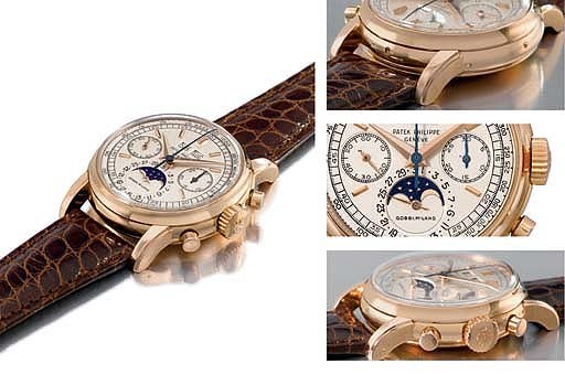 Patek Philippe. An exceptionally fine and rare 18K pink gold perpetual calendar chronograph wristwatch with phases of the moon and baton numerals